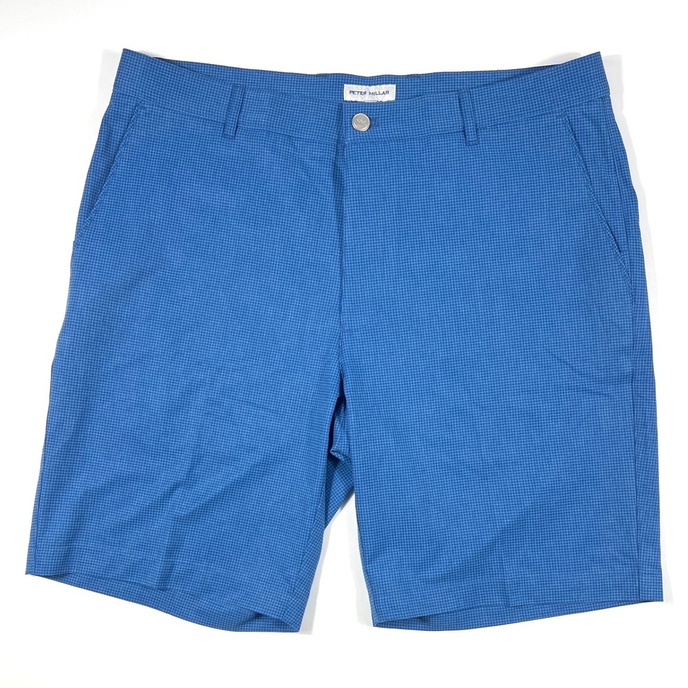 Peter Millar Shackleford Performance Golf Shorts Blue Micro Check Men 35 Preppy